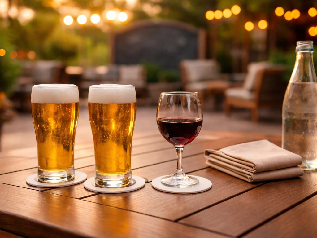 Tall draft beer and a glass of red wine on an outdoor patio table during happy hour, no people.