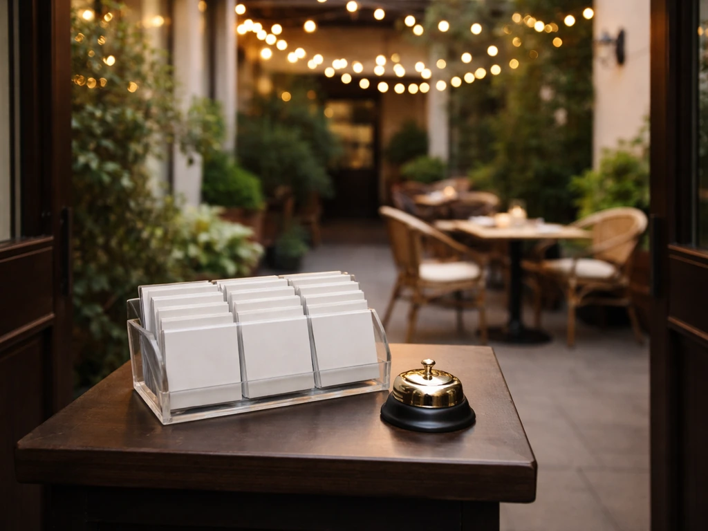 Outdoor patio entrance with a host stand and empty chairs, suggesting guests will check in or reserve.
