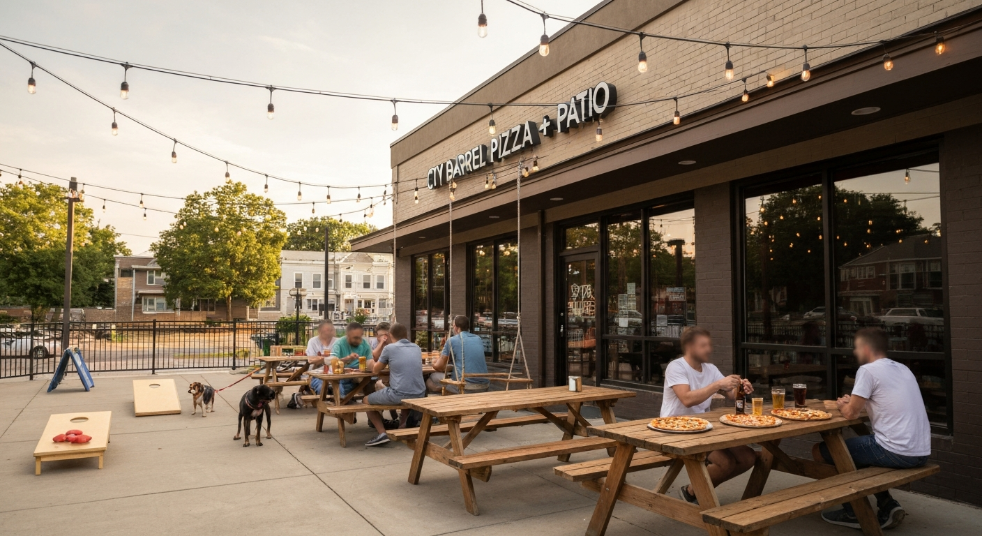 Golden-hour view of City Barrel's patio with swings, picnic tables, diners and dogs, pizzas and craft beers on the tables under string lights.