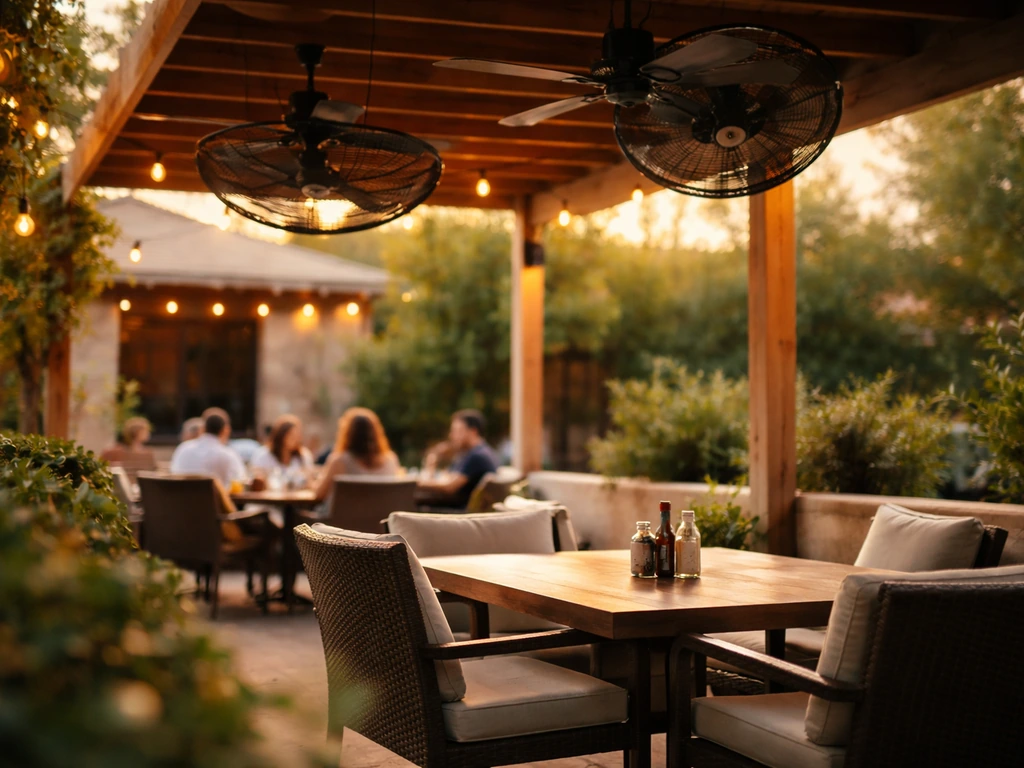 Warm evening patio seating with visible industrial fans overhead at a Texas restaurant.