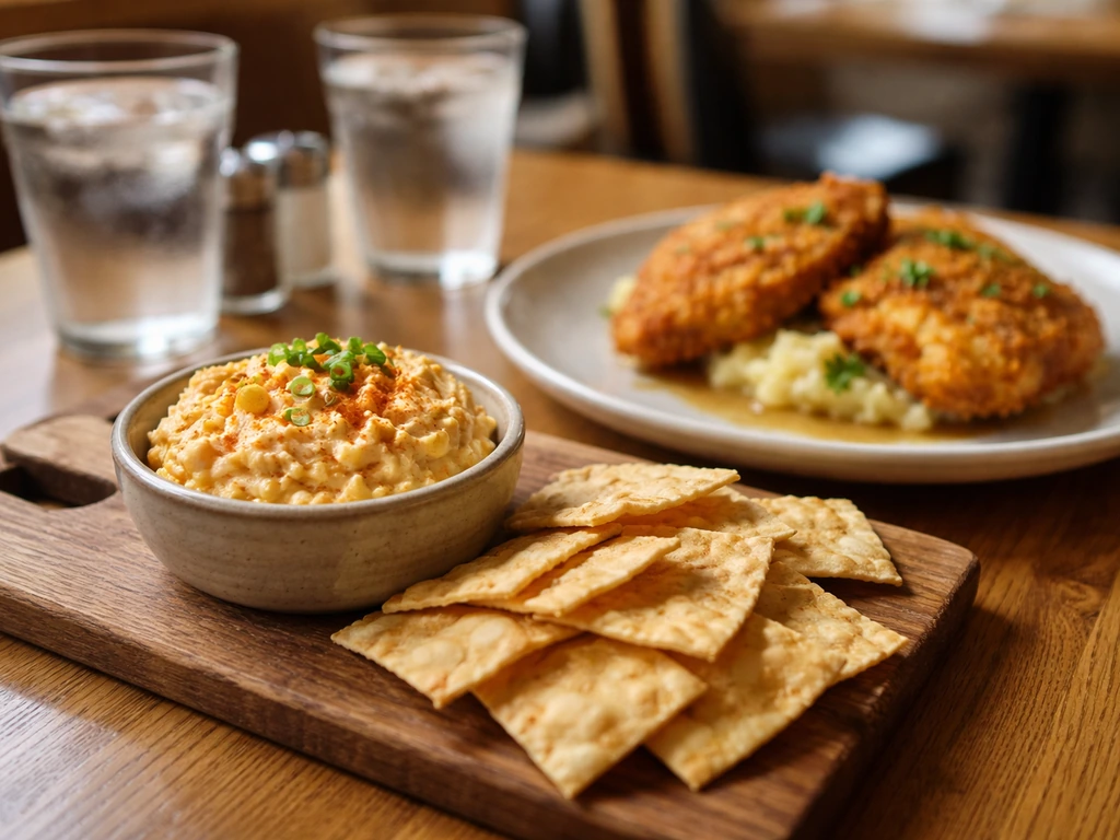 Two-person restaurant table setup with house-made pimiento cheese, flatbread crackers, and a fried chicken dish