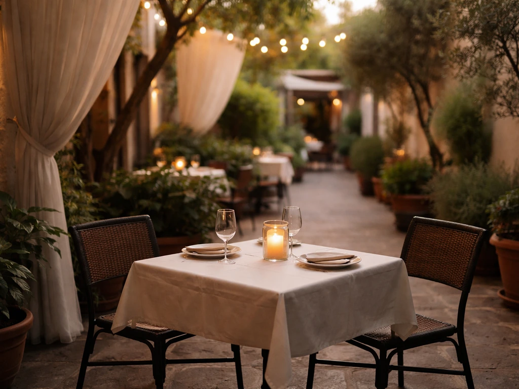 An empty restaurant patio at golden hour with two chairs set for a calm early evening date
