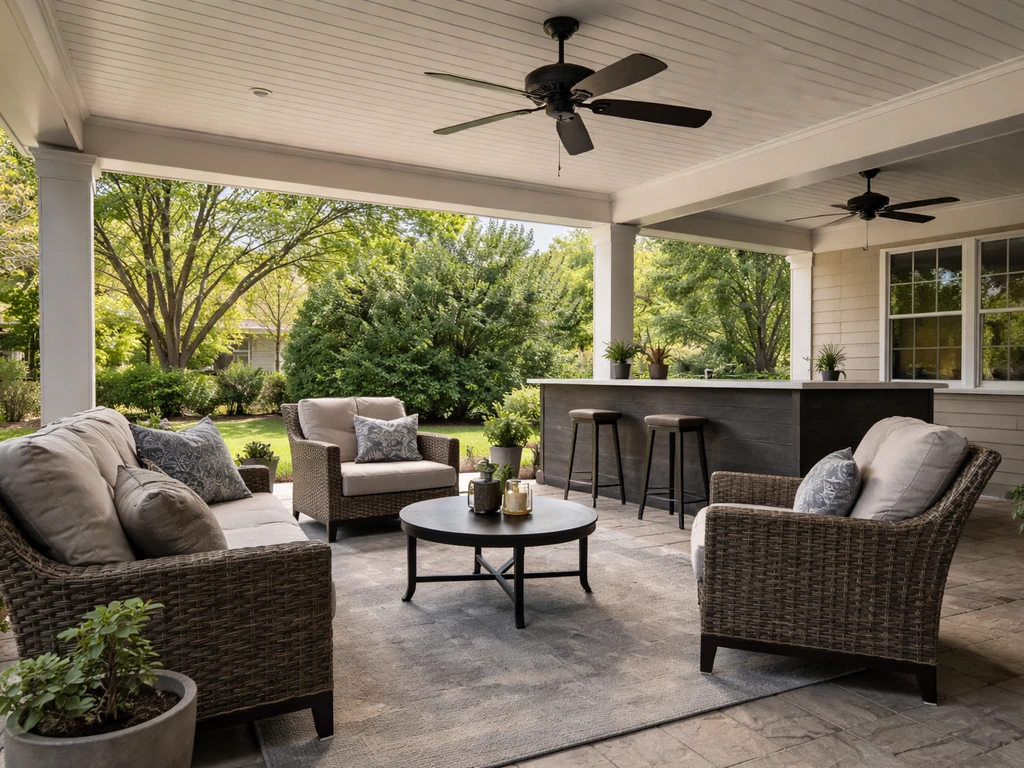 Wide view of a covered four-season patio with outdoor seating and a visible bar area under a canopy.