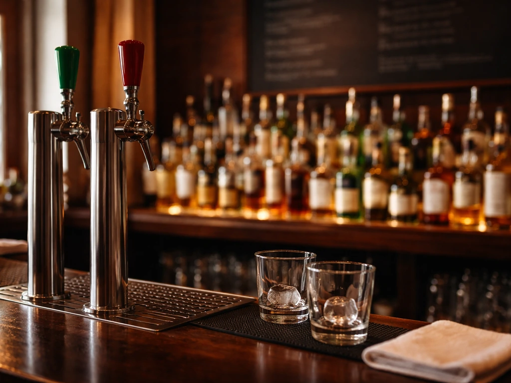 Close-up of a stocked bar with beer taps, bottles, and a chalkboard-style menu board, no people.