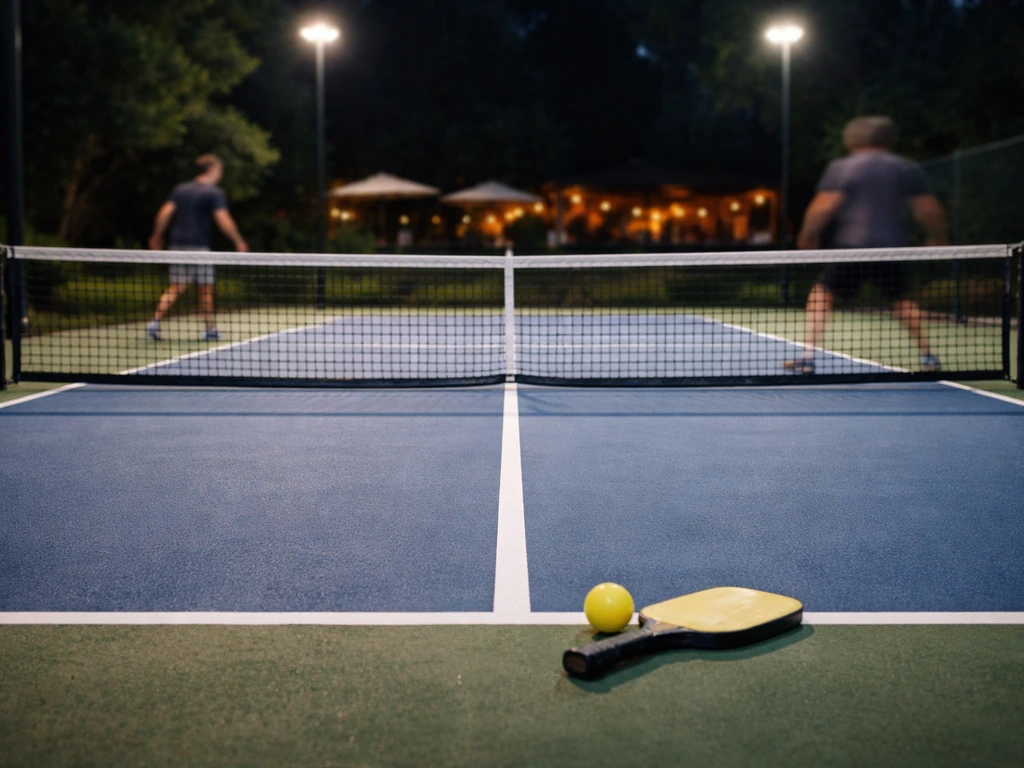 Lighted hard-surface pickleball court with permanent lines and nets near a patio dining area at dusk.