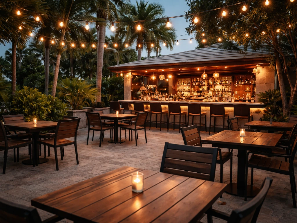 Warm outdoor patio bar at Gaspar’s Patio Bar & Grille with tables and inviting lighting.