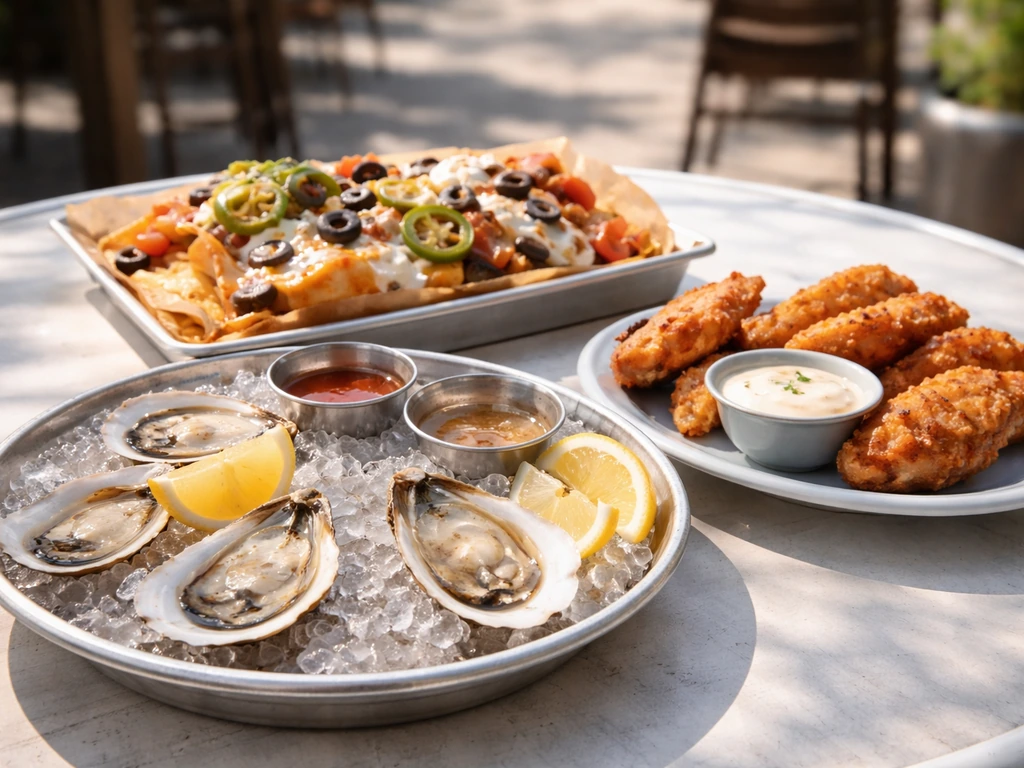 Plated bar food—oysters, nachos, and chicken strips—on a patio table in natural light