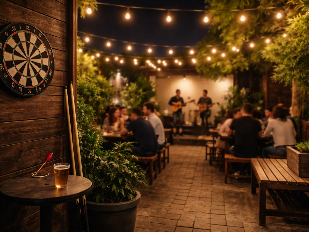 Vibrant restaurant patio with live music in the background and darts and pool cues on a nearby table