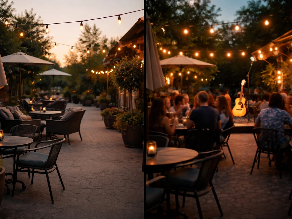 Quiet early-evening patio with soft lights beside a busier live-music patio at night in the same outdoor venue