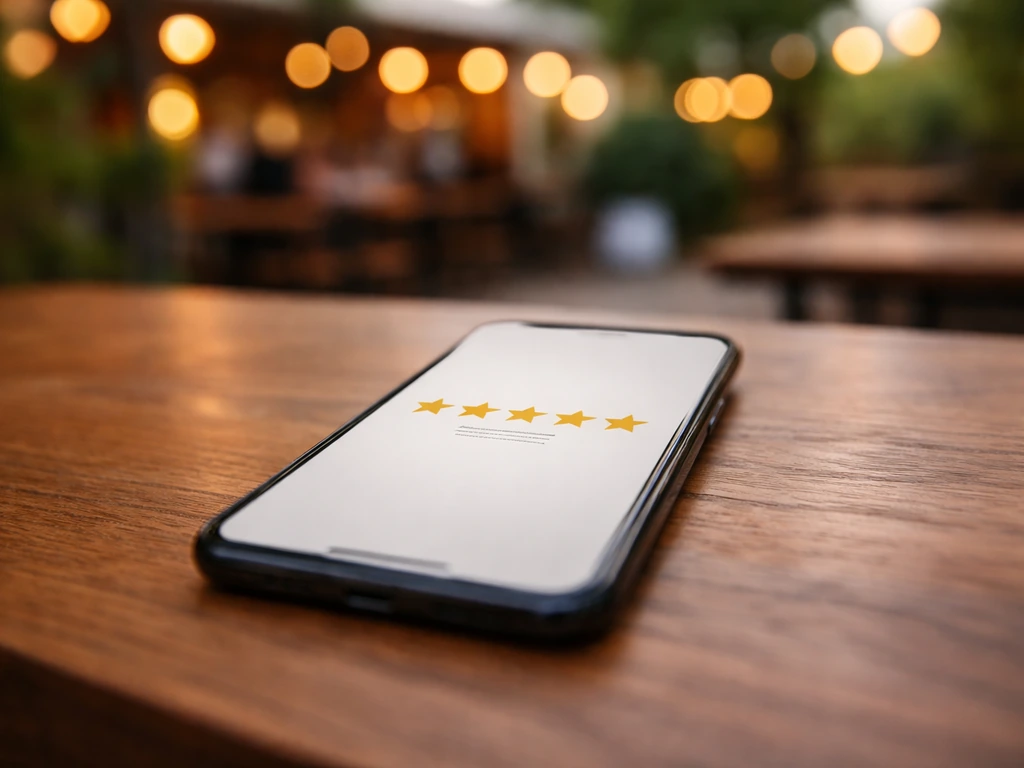 Smartphone on a wooden table showing generic star rating and review-count cues.