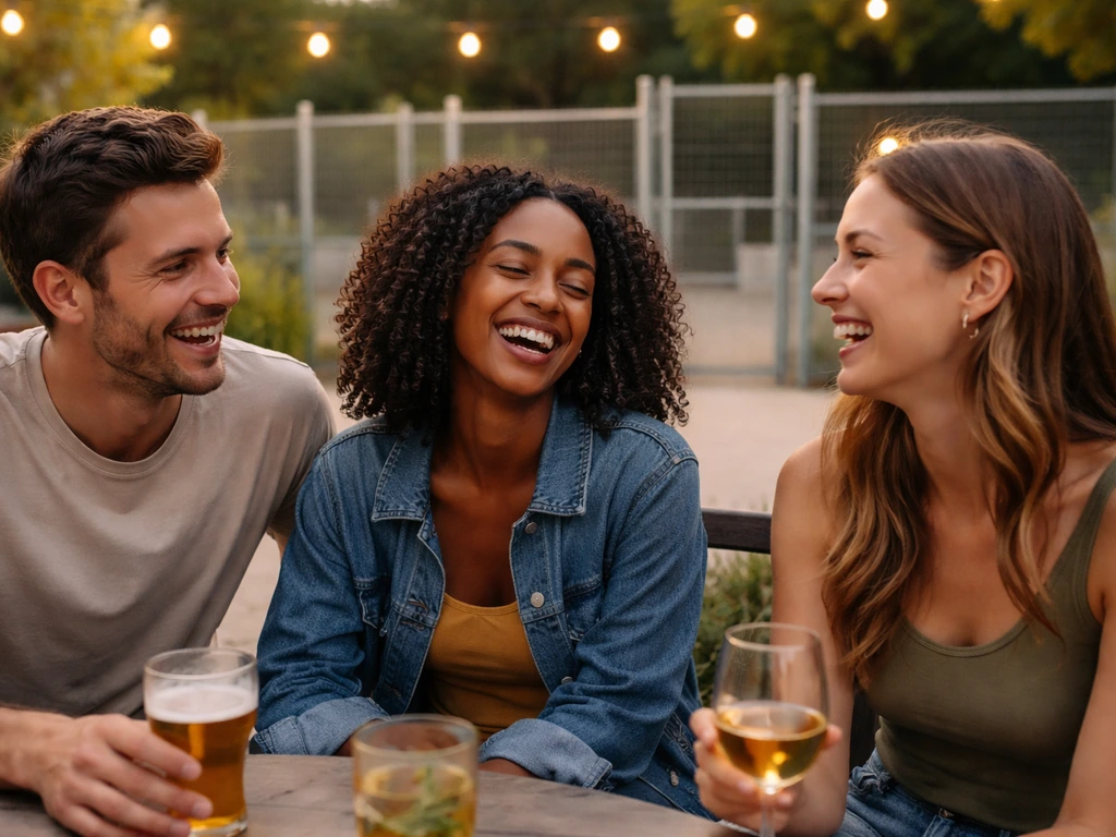 Small group chatting on a lively patio beside an enclosed dog park area with fencing cues