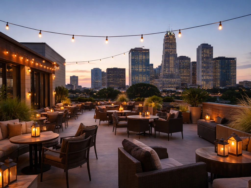 Rooftop patio at dusk with warm string lights, outdoor seating, and a distant Charlotte skyline backdrop.