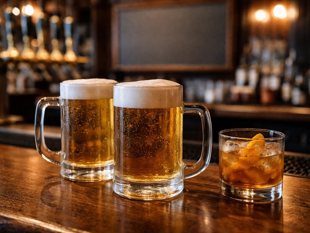 Close-up of draft beer mugs and a cocktail on a wooden bar with blurred taps and blank specials area.