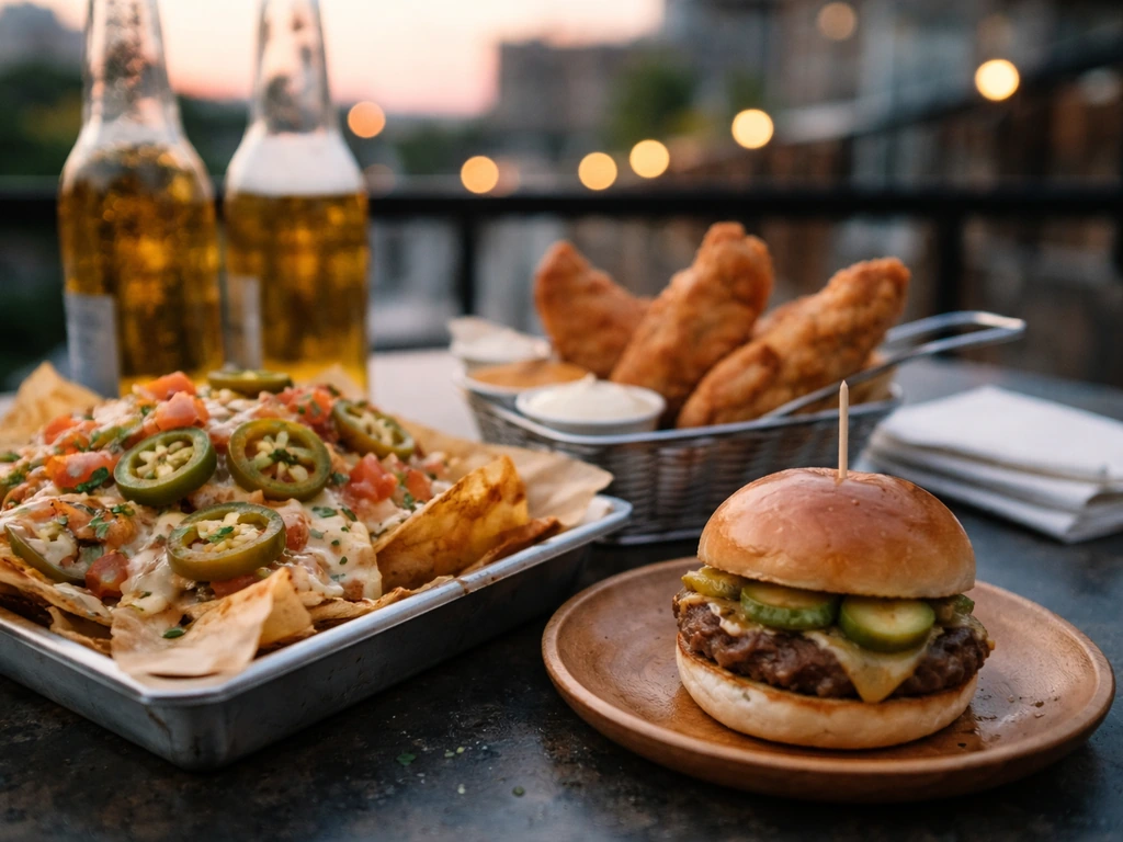 Close-up of shareable tavern bar food plates on a rooftop table in natural daylight