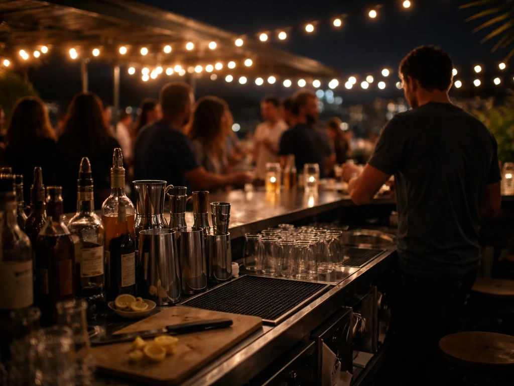 Busy rooftop bar scene with a bartender station and blurred patrons waiting for drinks.