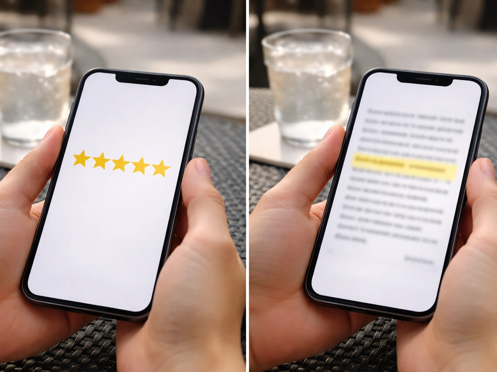 Smartphone showing misleading high stars beside a highlighted (blurred) review snippet about real issues.