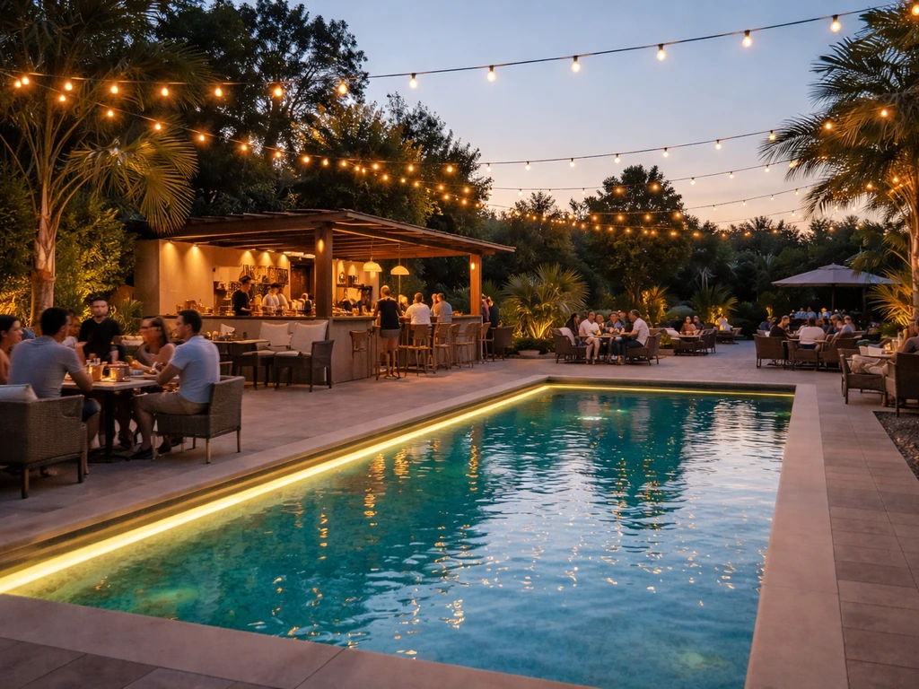Evening patio bar beside a float pool with warm lighting, spaced tables, and relaxed crowd ambiance