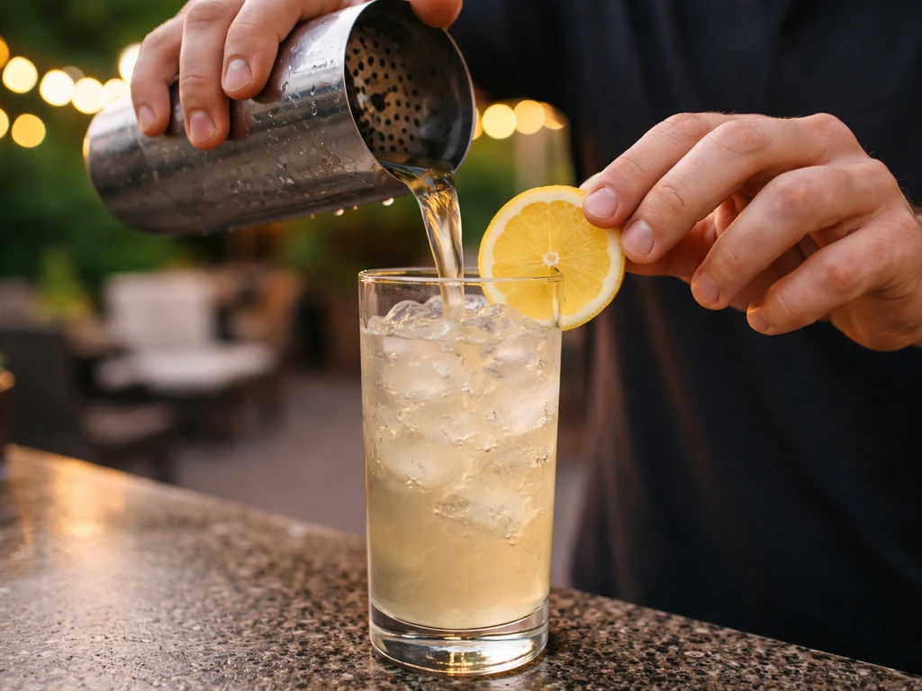 Close-up of an anonymous bartender pouring a signature cocktail with ice and citrus garnish at a patio bar.