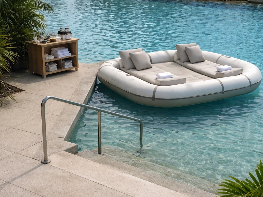 Minimal view of a float pool deck with cushioned raft seating, patio bar setup, towels, and accessible walkway