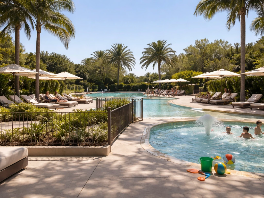 Resort pool with separated adults-only and family areas, family seating near a shallow splash zone.