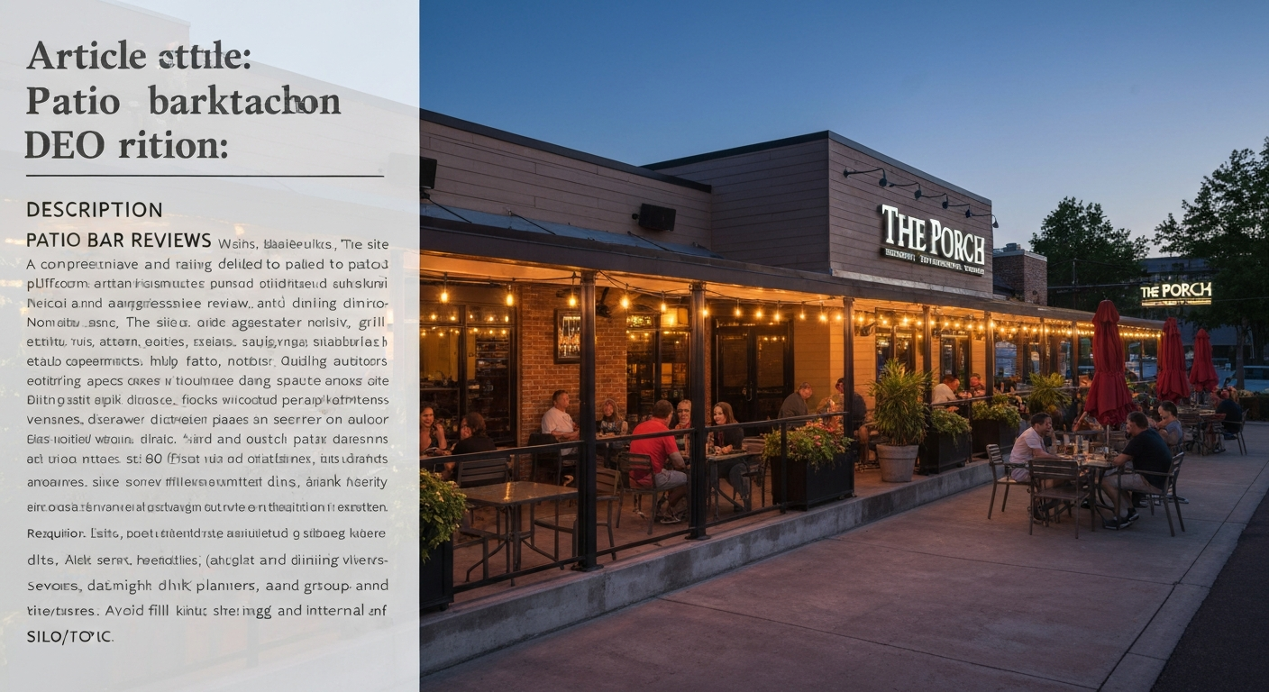 Exterior view of The Porch Patio Bar and Kitchen patio at dusk with string lights and outdoor seating
