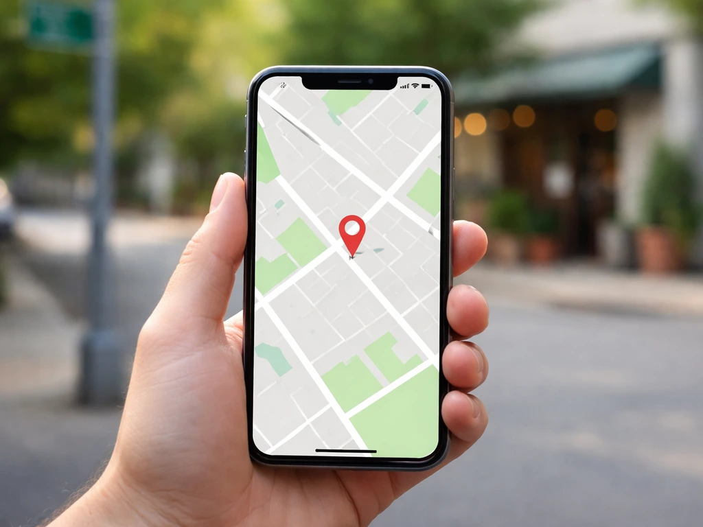 Hand holds a phone showing a map location pin to verify the exact address location