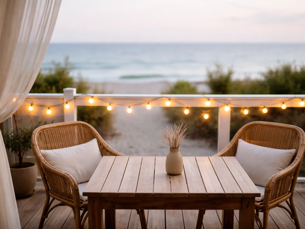 Beachy outdoor patio with warm globe lights, empty lounge chairs, and a blurred ocean view.