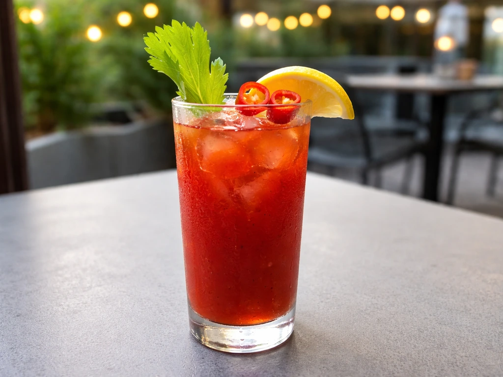 Spicy Bloody Mary in a tall glass with celery and chili garnishes on a patio bar table.
