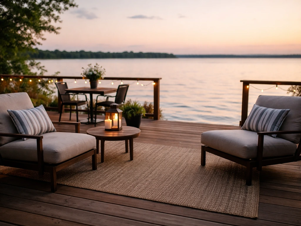 Lakeside patio deck with relaxed outdoor seating and a wide lake view in the background.
