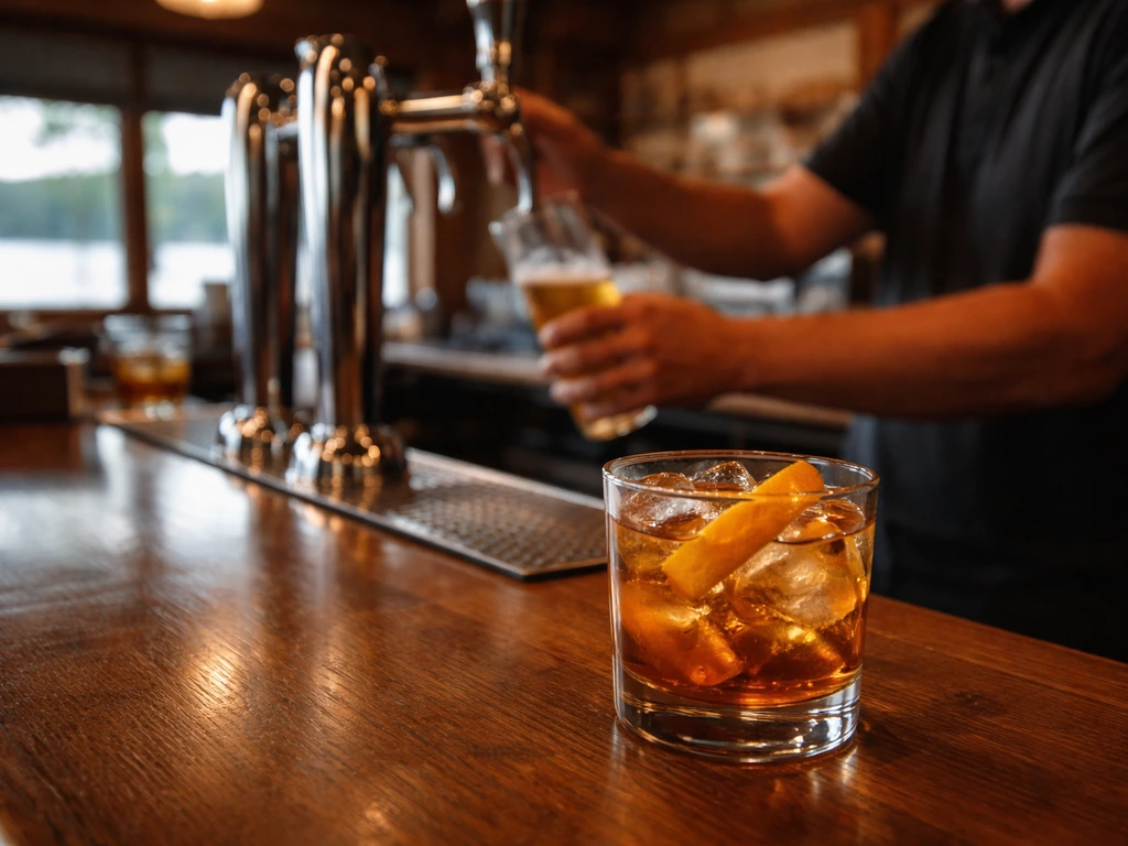 Amber cocktail on a wooden bar with blurred beer taps in the background at a cozy lakeside bar.