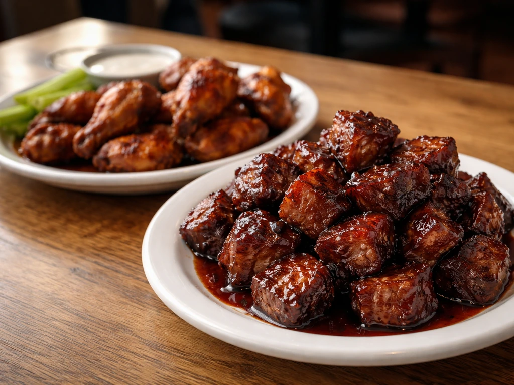 Generous restaurant servings of burnt ends and a shareable appetizer on a simple table setting.