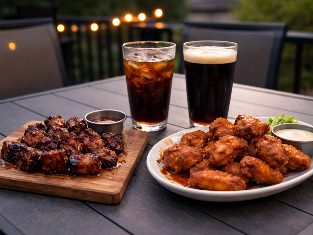 Patio table with burnt ends, jumbo wings, and drinks pairing in warm evening light
