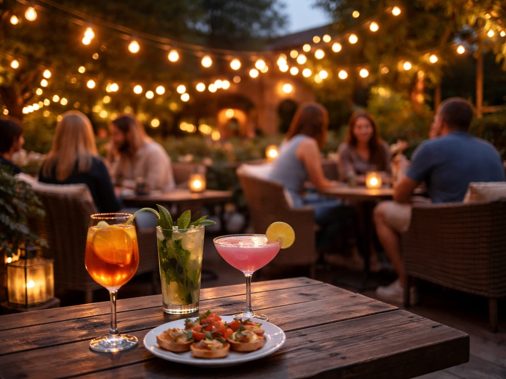 Lively outdoor patio bar with festive string lights, cocktail drinks on a table, and inviting group seating.