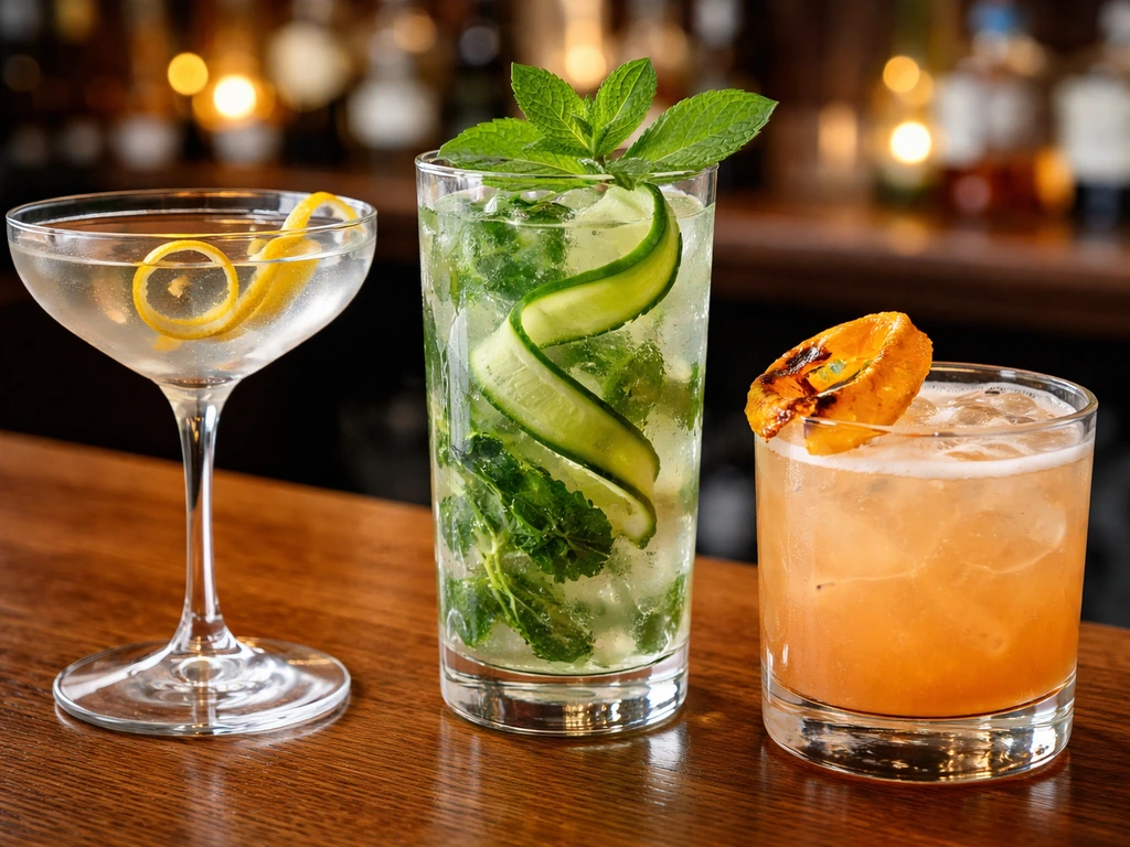 Close-up of assorted twisted-themed cocktails with distinctive garnishes on a bar, bottles softly blurred