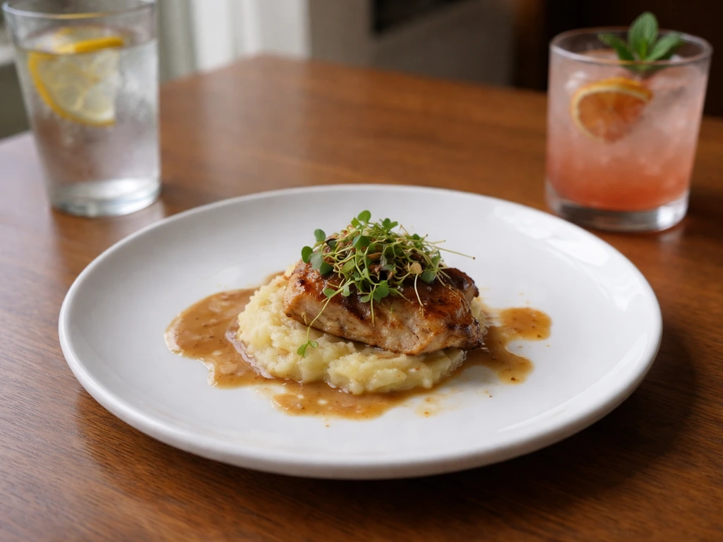 An unappealing restaurant entrée plated simply on a table, looking less impressive than nearby drinks.