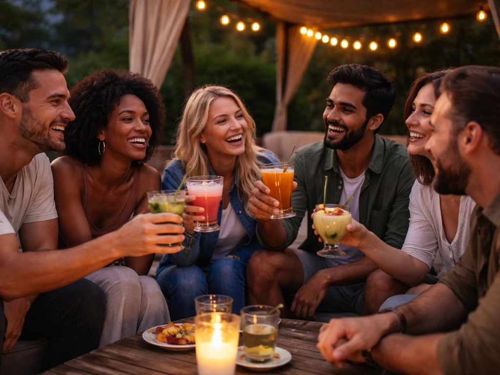 Friends chatting and toasting on a patio with casual covered seating and warm evening light
