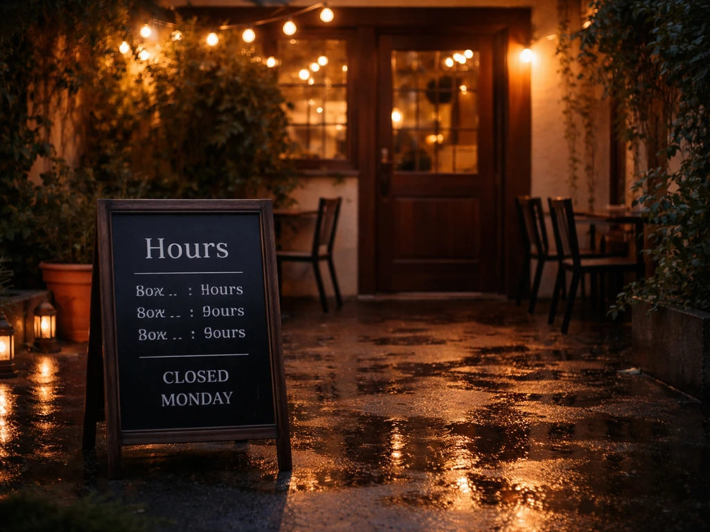 Quiet patio bar entrance with a posted hours sign showing it’s closed on Mondays