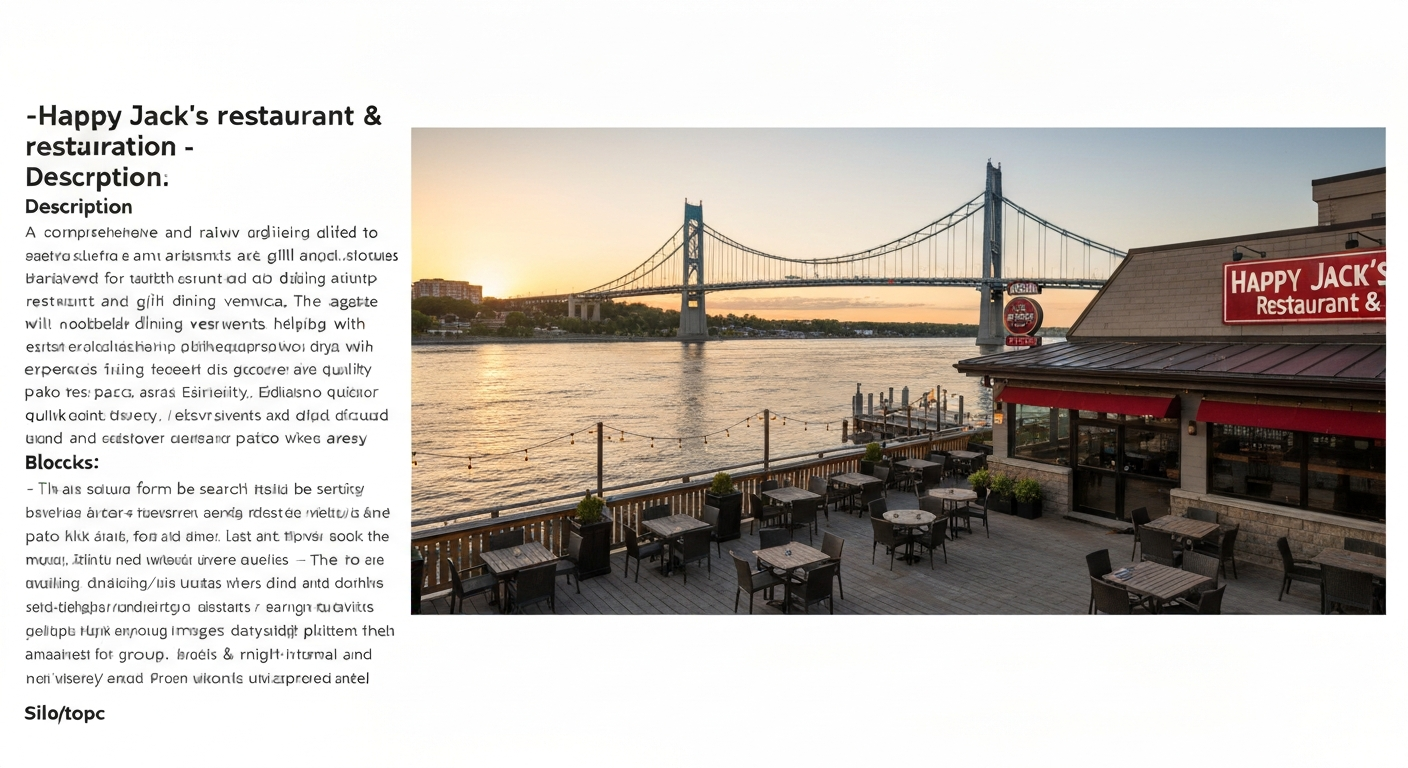 Wide exterior photo of Happy Jack's Restaurant & Patio showing large riverside patio with tables, diners, and the Peace Bridge visible across the Niagara River at golden hour.