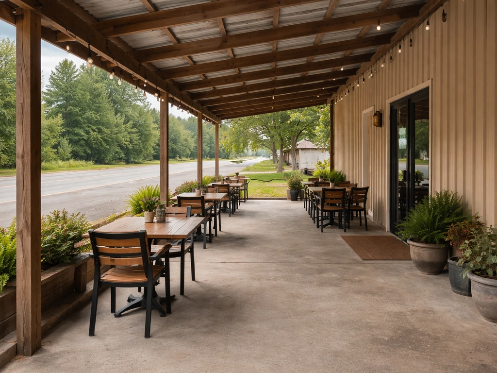 Covered bistro patio with outdoor seating and an inviting entrance facing the road in a small-town setting.