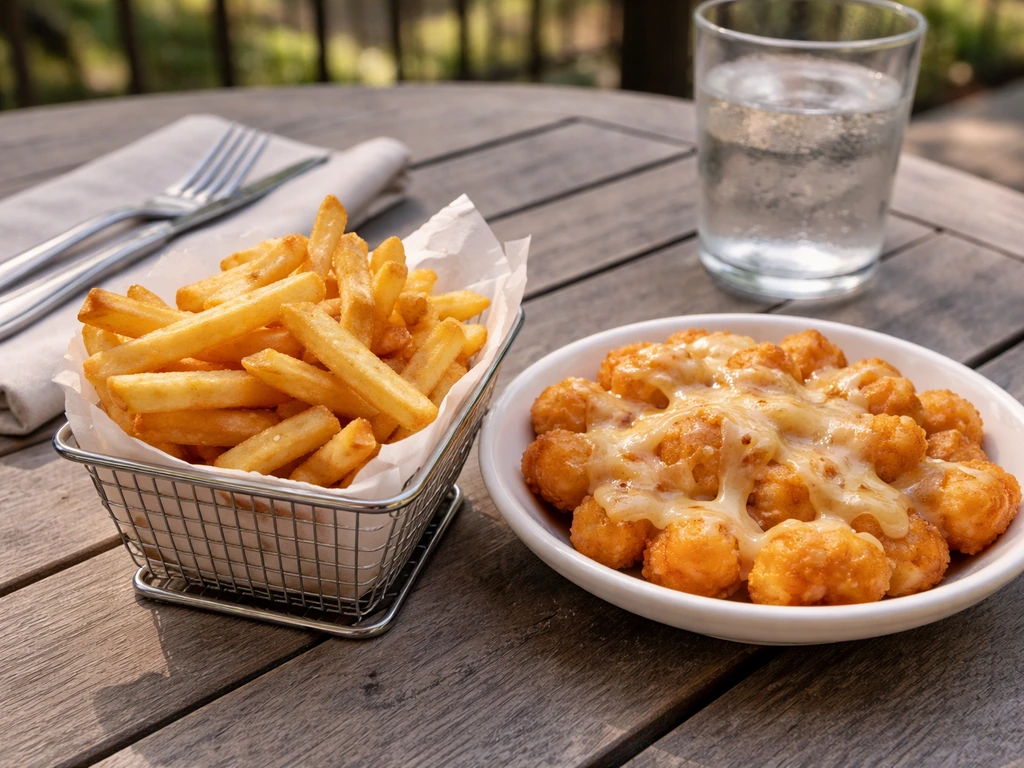 Close-up of shareable fries and cheese curds on a patio table with cutlery in natural light.