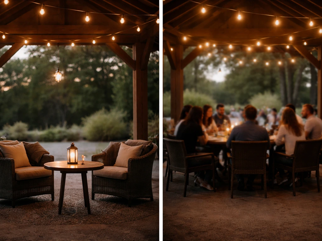 Split scene: intimate date-night table and a communal group setup on an open patio patio