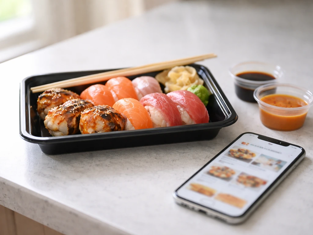 Takeout sushi and grilled items on a tray beside a smartphone for ordering decision