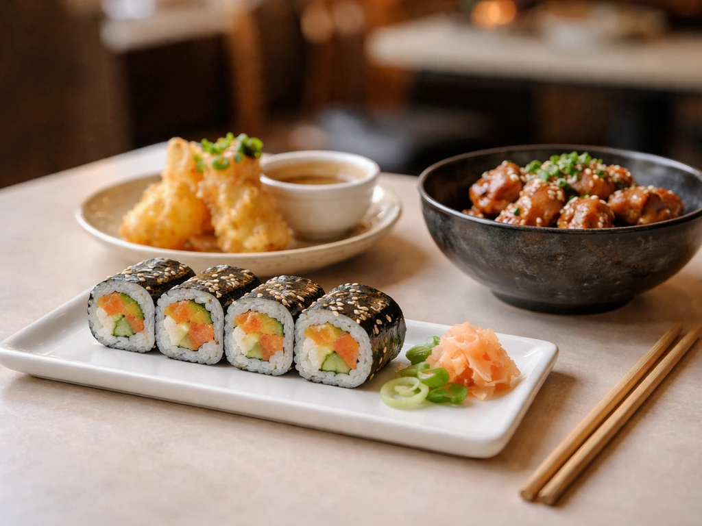 Close-up of sushi roll, tempura-style bite, and a small grill-style bowl on a minimal table setting.