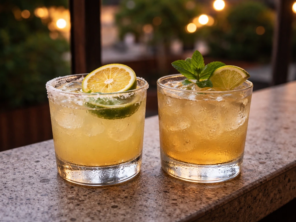 Two citrus-forward cocktails with fresh garnishes on a patio bar ledge at dusk.