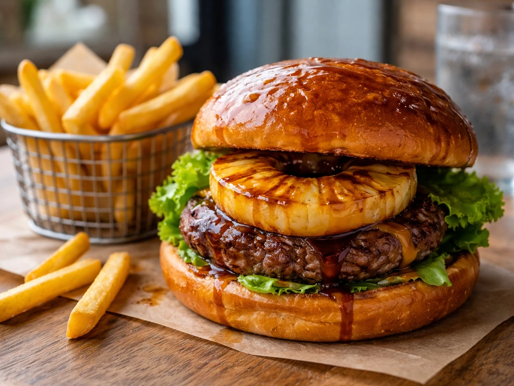 Hawaiian teriyaki burger with fries plated on a wooden table in natural daylight.