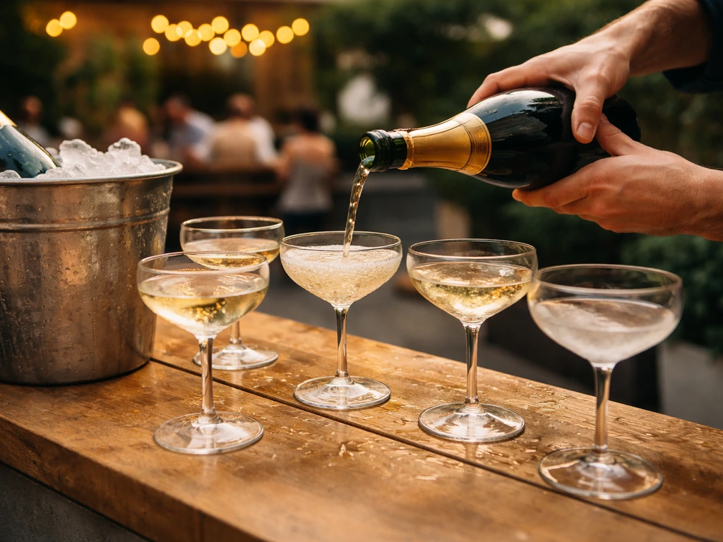 Bartender pours champagne into coupe glasses on a wood patio bar with ice and condensation.