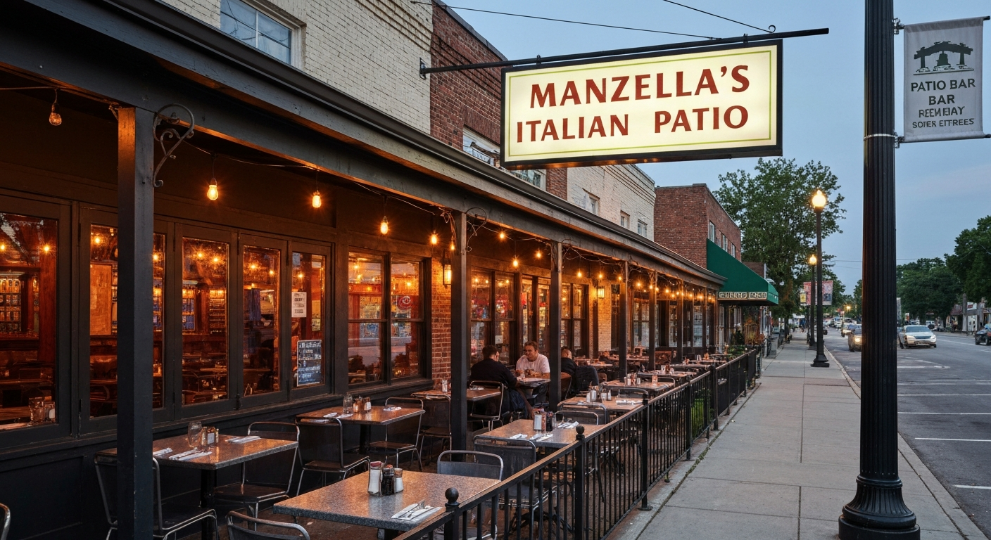 Exterior view of Manzella's Italian Patio storefront and outdoor patio seating at dusk.