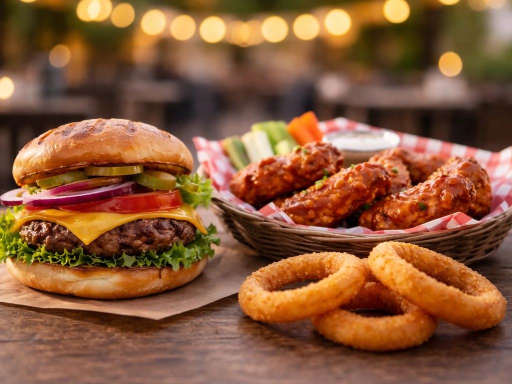 Close-up of a shareable patio food spread with burgers and wings on a rustic table in warm light.