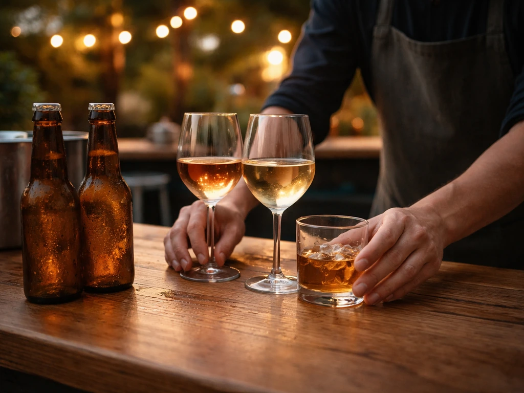 Close view of a patio bar top with neatly arranged drinks—beer, wine, and spirits—ready for fast service.