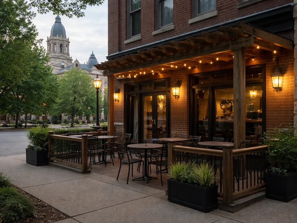 Street view near a downtown courthouse square showing a cozy pub entrance and patio.